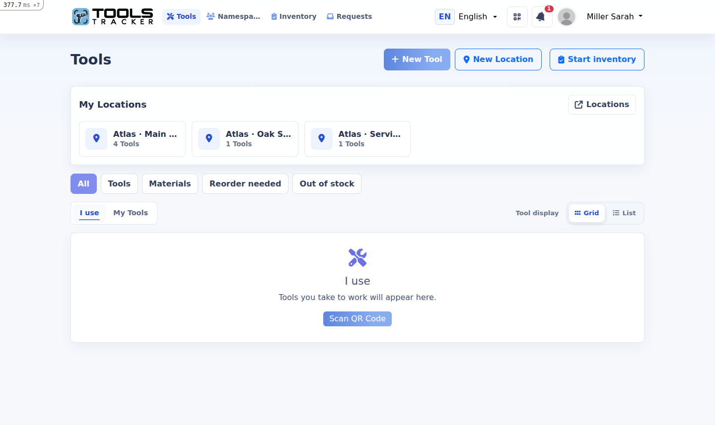 Actual Tools Tracker dashboard in English for Atlas Repair Co.