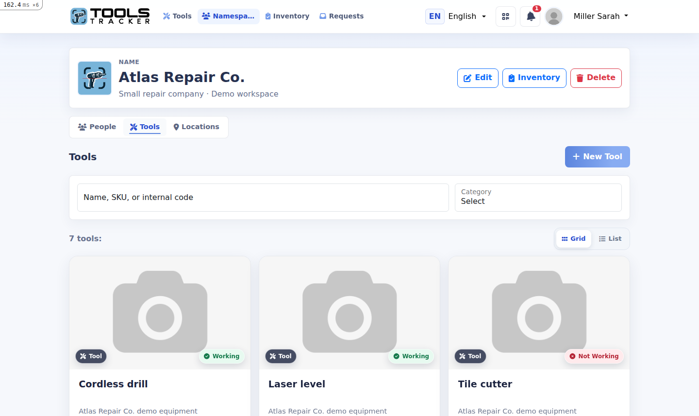 Actual Tools Tracker tools and materials screen