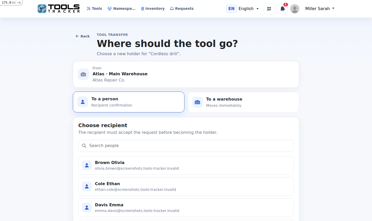 Actual Tools Tracker transfer destination and employee selection screen