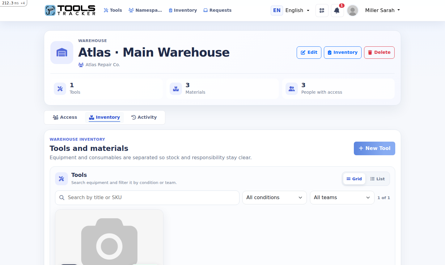 Actual Tools Tracker warehouse inventory screen