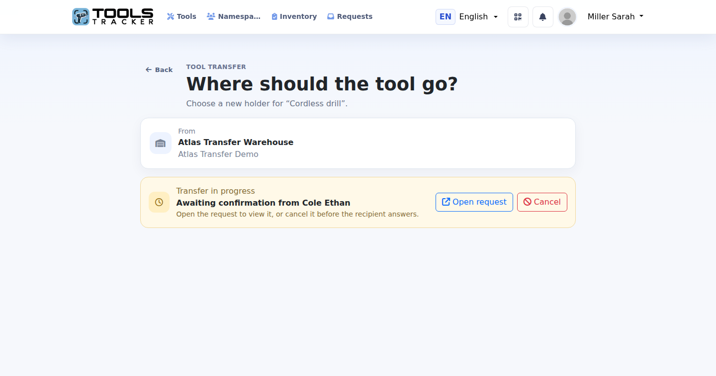 Trasferimento utensile in attesa in Tools Tracker